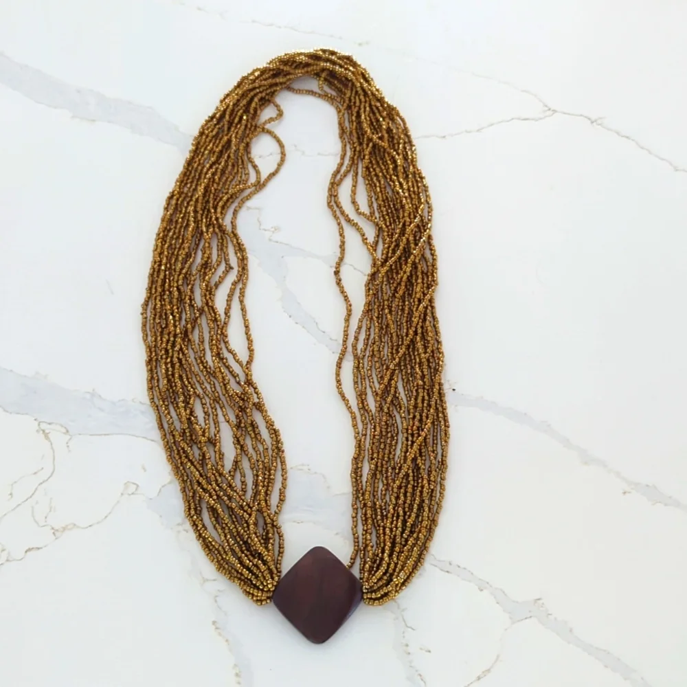 Gold Beaded Necklace with Brown Pendant - Picture 3 of 4